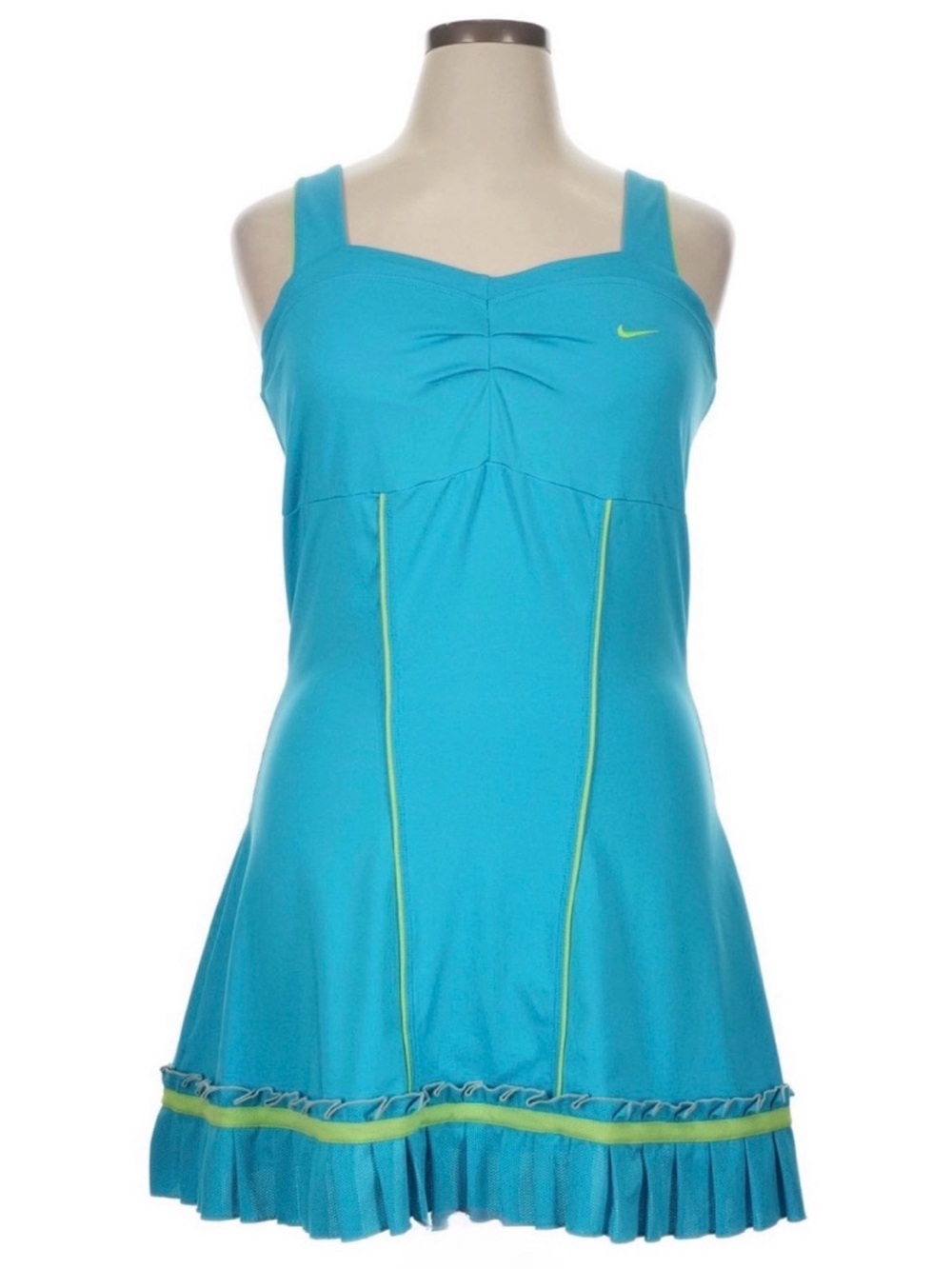 NIKE SERENA WILLIAMS Turquoise Lime Tennis Dress Pleated Trim Built in bra SMALL